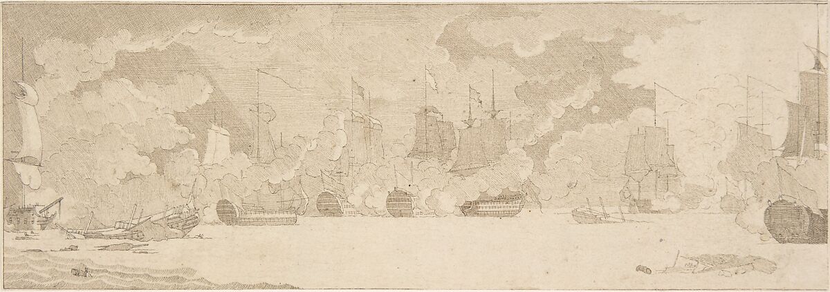 Sea Battle, Anonymous, Dutch, 17th century ?, Pen and brown ink; framing lines in pen and brown ink 