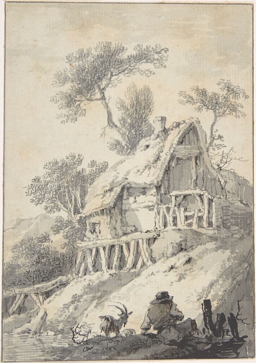 Thatched Cottage by a Brook, Anonymous, Dutch, 18th century, Pen, brush, and black, gray and brown ink on paper. 