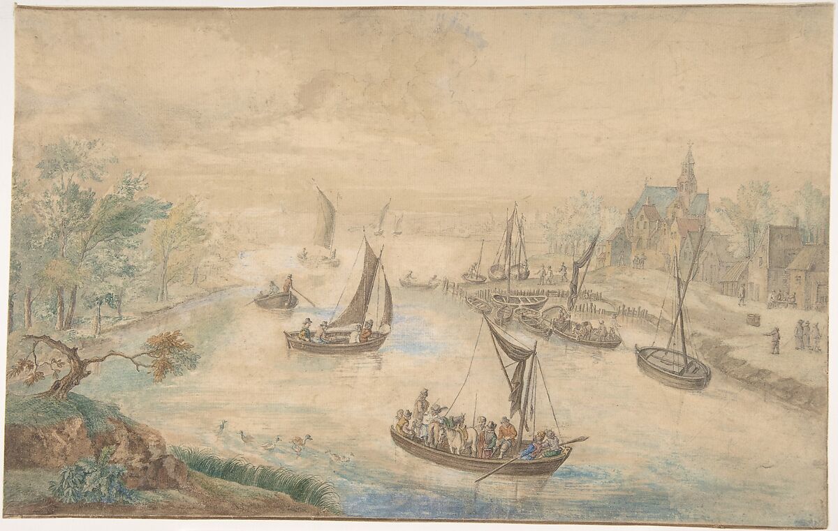 Landscape with River in the Center, with Ferryboat, Anonymous, Flemish, 18th century ?, Pen, brown ink and watercolor over black chalk. Framing line in pen and brown ink, cut off at either side. 