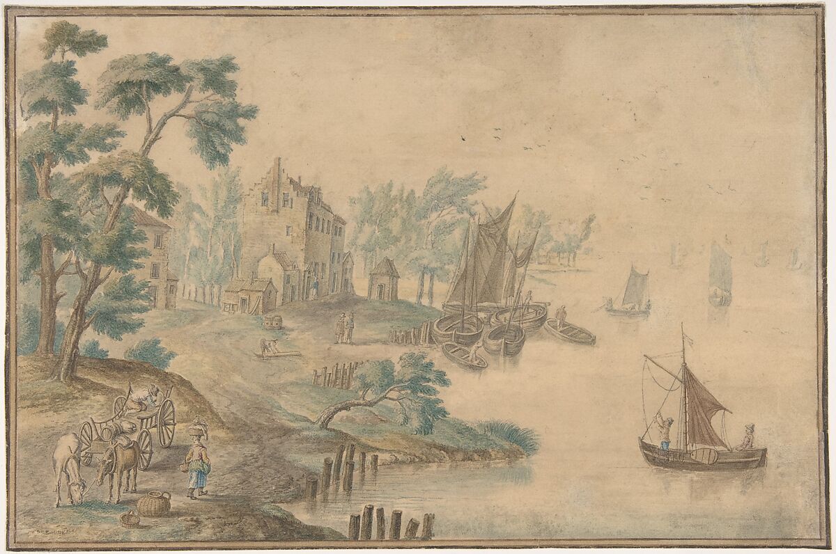 Landscape with Horses and Carts and a River at Right, Anonymous, Flemish, 18th century ?, Pen, brown ink, and watercolor over black chalk. Double framing line in pen and brown ink with black ink and traces of gilt. 
