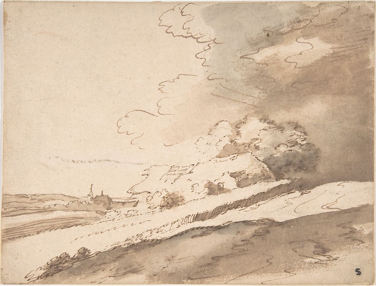 Landscape with Farm House and a Steeple in the Distance, Anonymous, Dutch, 17th century, Pen and brown ink,  with brush and brown wash. 