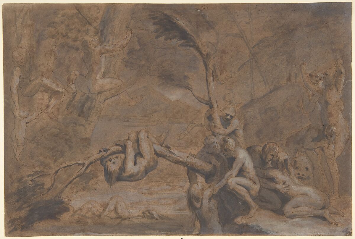 The Flood, Attributed to Jan Cossiers (Flemish, Antwerp 1600–1671 Antwerp), Pen and brown ink, brown and gray wash, heightened with white on brown washed paper. 