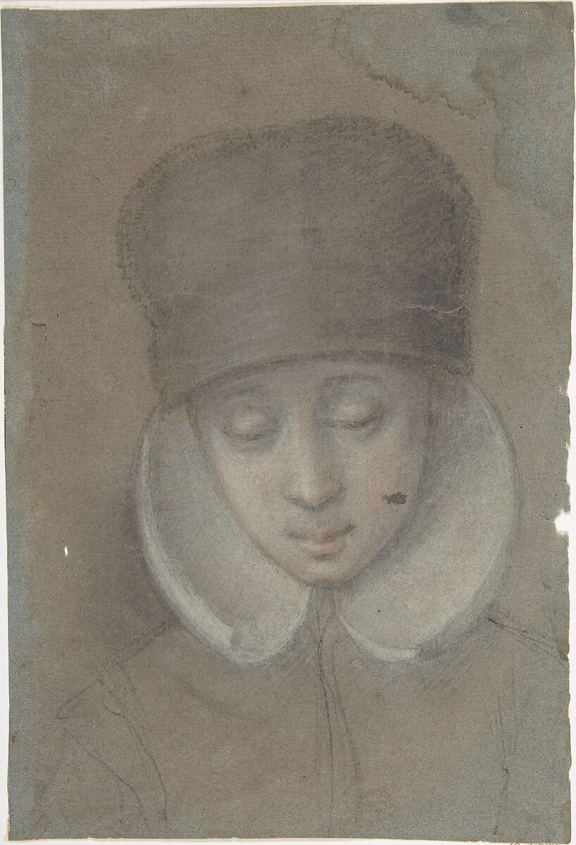 A Girl's Head, Anonymous, Flemish, 17th century ?, Black, white and red chalk, on blue paper. 