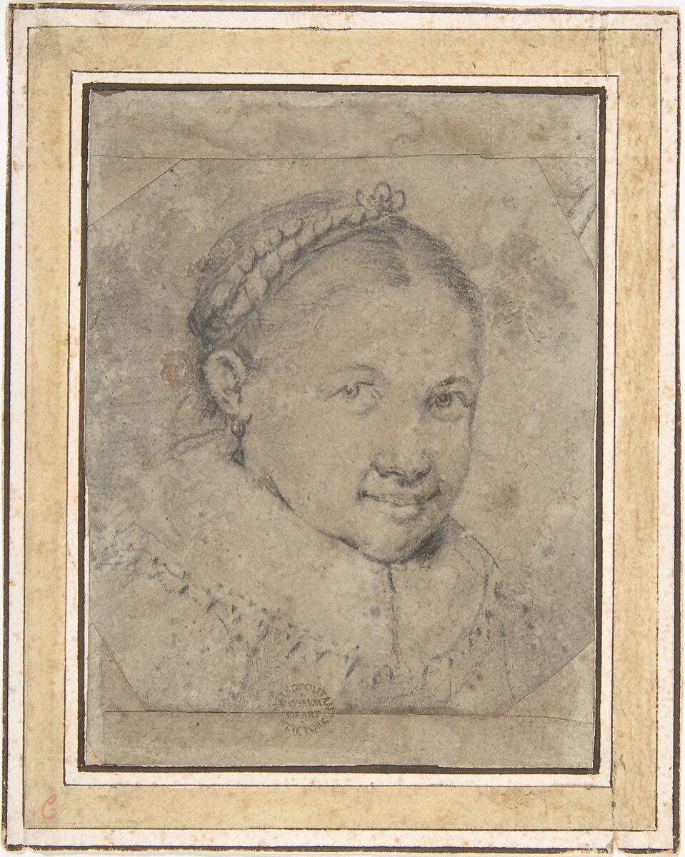 Head of a Girl, Anonymous, Dutch, 17th century, Black chalk on buff paper. Strips (1/2 in.) added at top and bottom. 