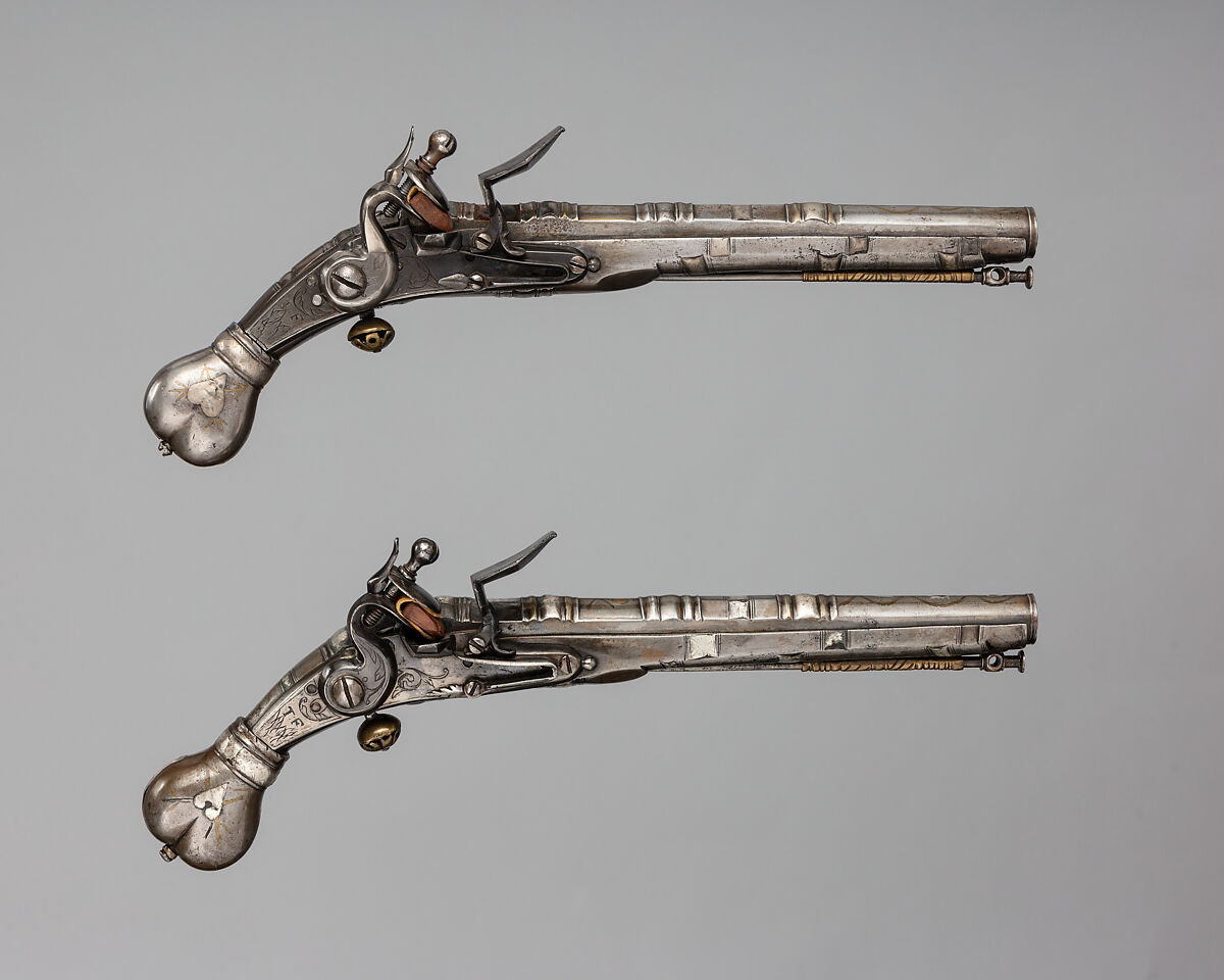 Pair of Flintlock Pistols, Steel, silver, brass, Scottish 