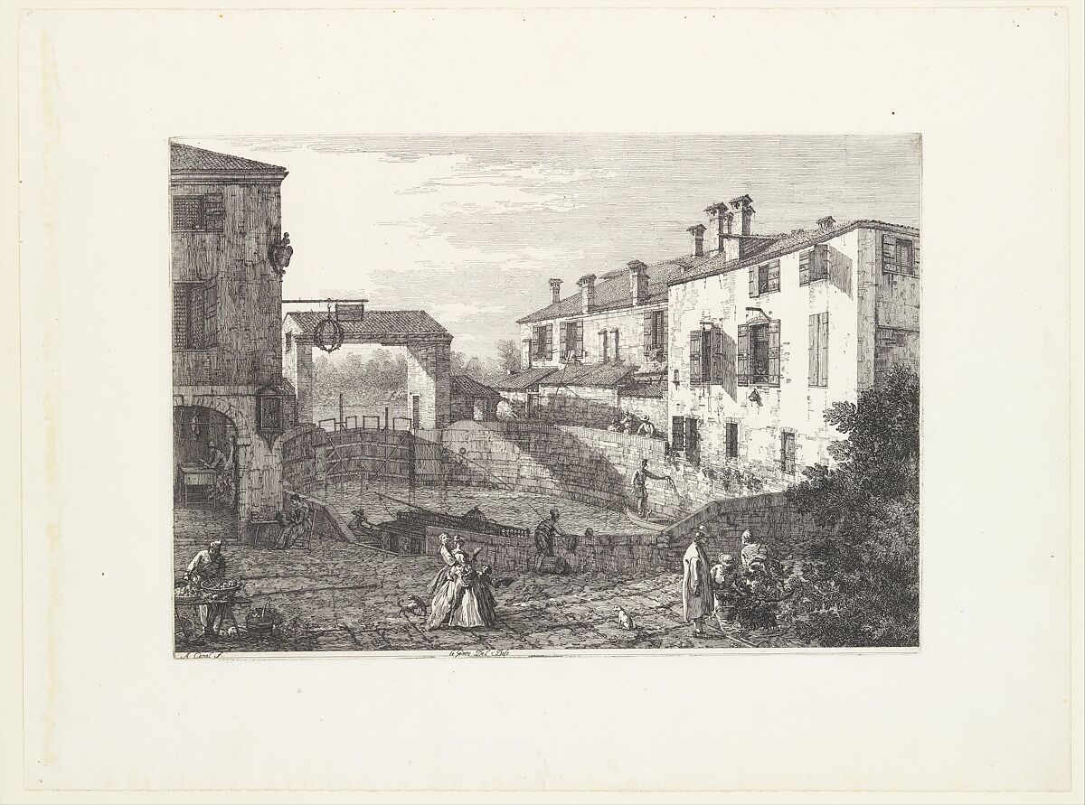 The Locks at Dolo, an oval-shaped basin with boats at center, buildings on either side, a fruit vendor and groups of figures in the foreground, from 'Views' (Vedute altre prese da i luoghi altre ideate da Antonio Canal), Canaletto (Giovanni Antonio Canal) (Italian, Venice 1697–1768 Venice), Etching; second state of three 