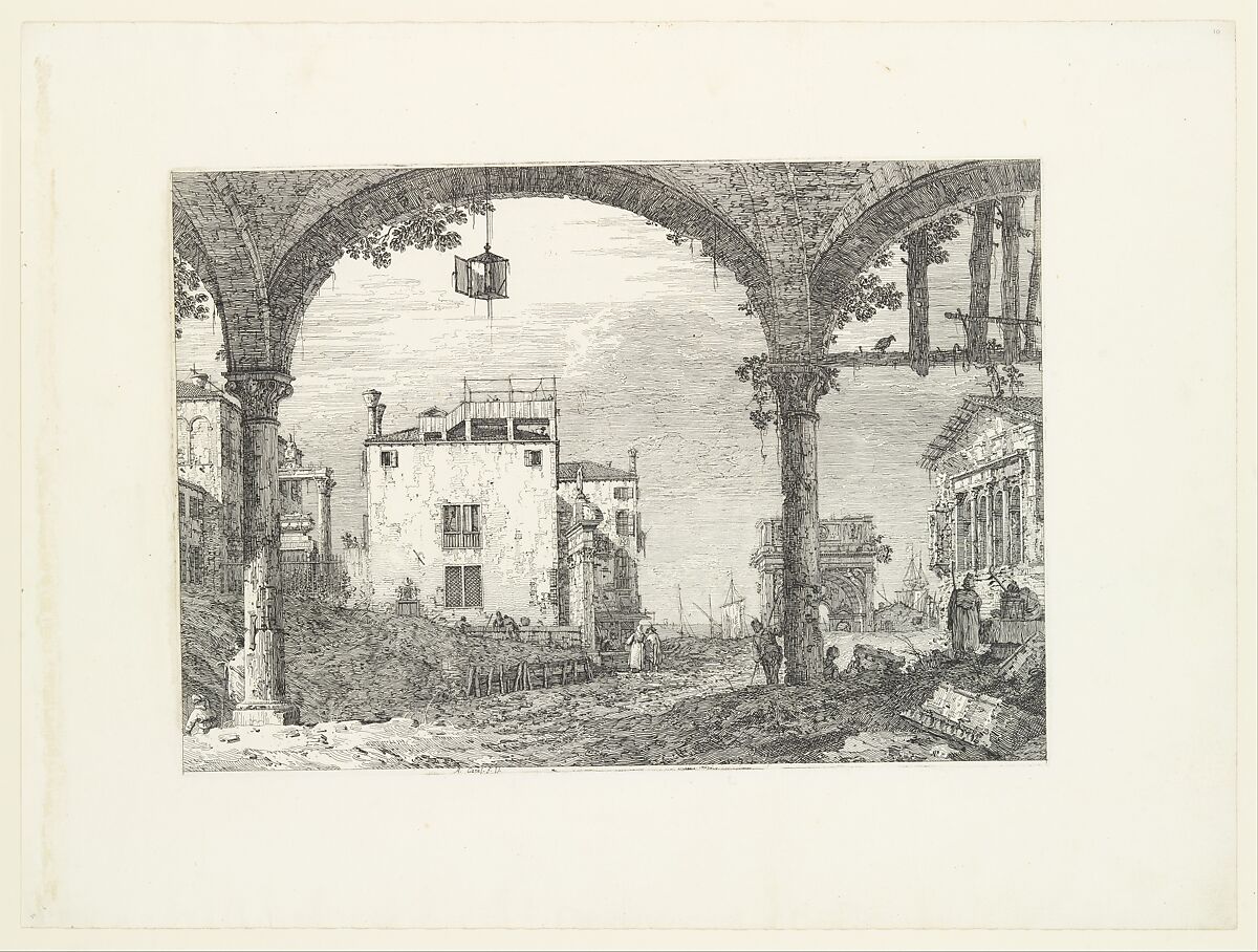 A three-arched portico with an open lantern hanging at center, a triumphal arch and ruins of a classical temple in the background, from 'Views' (Vedute altre prese da i luoghi altre ideate da Antonio Canal), Canaletto (Giovanni Antonio Canal) (Italian, Venice 1697–1768 Venice), Etching; second state of three 