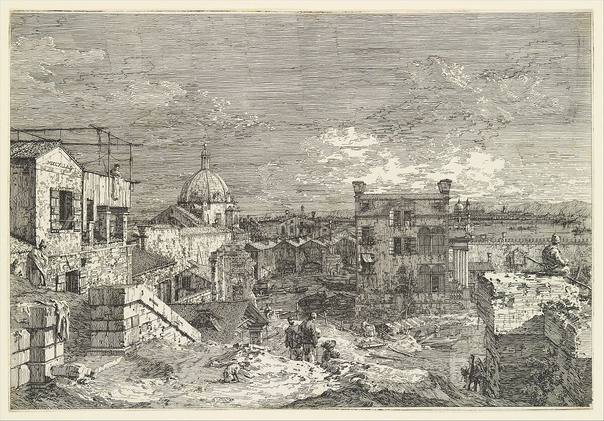Imaginary View of Venice, houses at left with figures on terraces, a domed church at center in the background, boats and boat-sheds below, and a seated man observing from a wall at right in the foreground, from 'Views' (Vedute altre prese da i luoghi altre ideate da Antonio Canal)