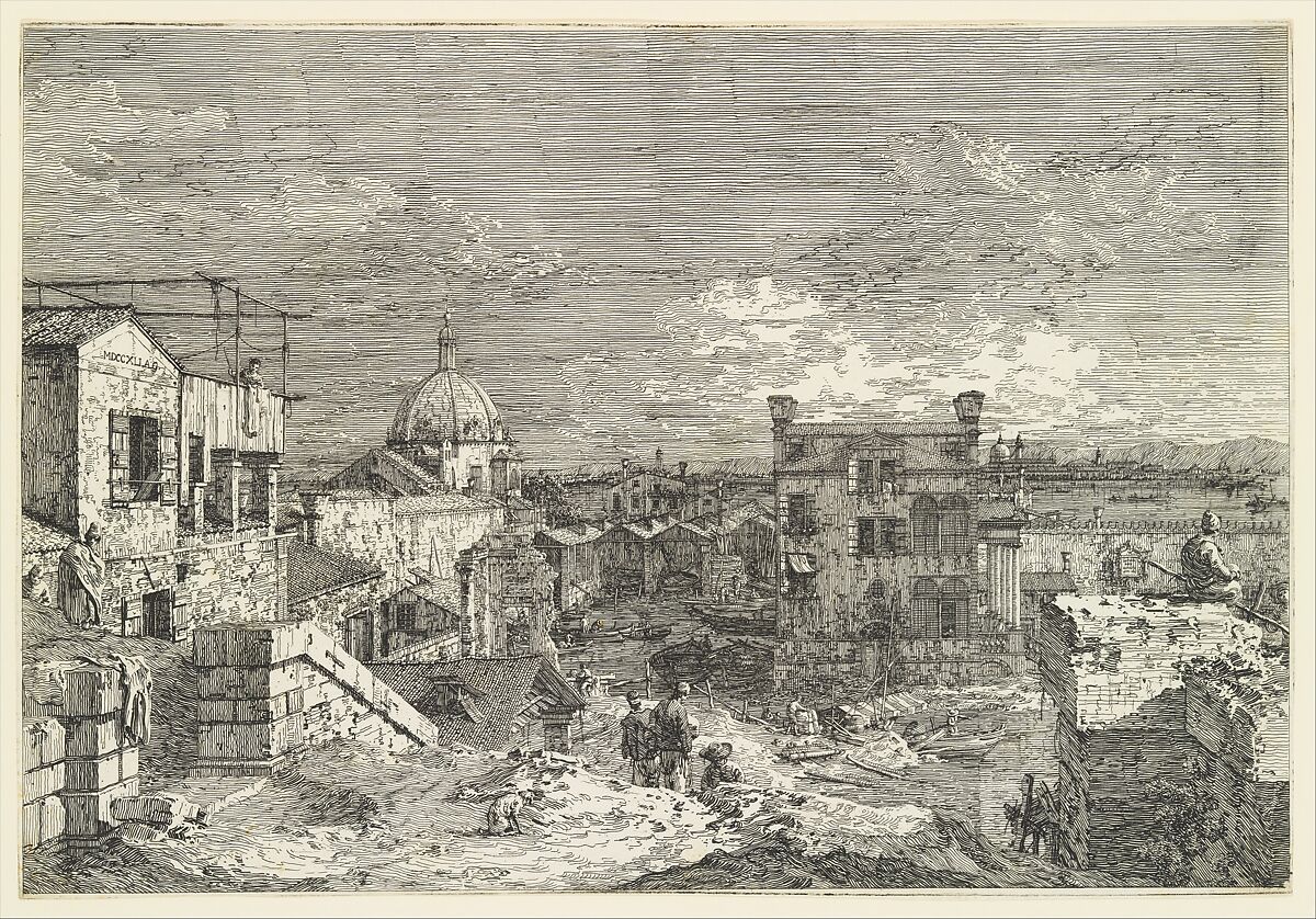 Imaginary View of Venice, houses at left with figures on terraces, a domed church at center in the background, boats and boat-sheds below, and a seated man observing from a wall at right in the foreground, from 'Views' (Vedute altre prese da i luoghi altre ideate da Antonio Canal), Canaletto (Giovanni Antonio Canal)  Italian, Etching; undivided plate, only state