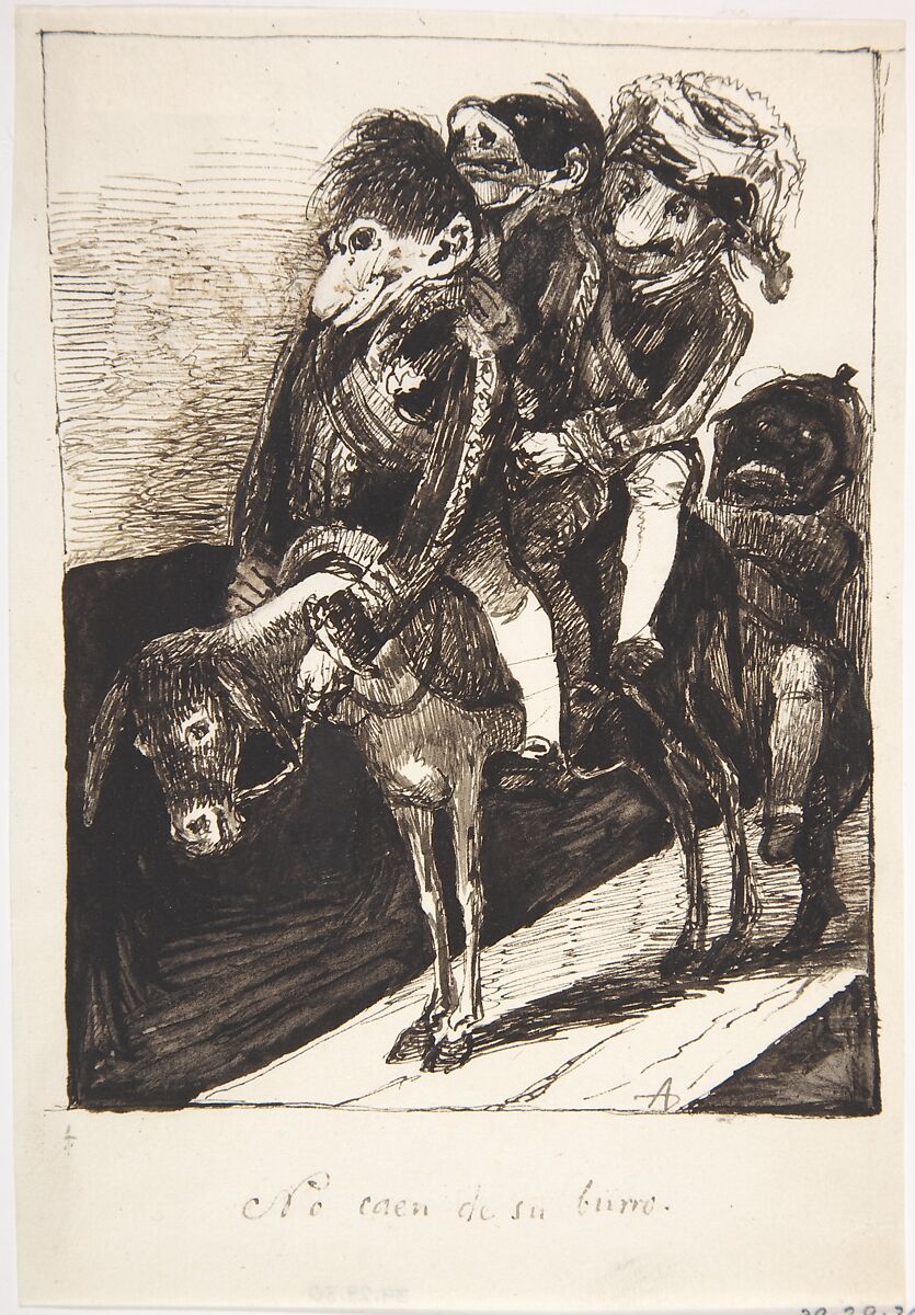 They Don't Fall Off Their Donkey (They Don't Admit Their Error), ("No caen de su burro"), Leonardo Alenza y Nieto (Spanish, Madrid 1807–1845 Madrid), Pen and dark brown ink with some places reinforced with brush and dark brown ink, and some brush and gray-brown wash. Composition outlined with pen and dark brown ink on all sides. On off-white paper 