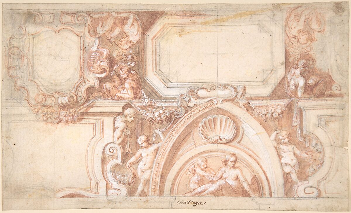 Ceiling Design, Matías Arteaga y Alfaro (Spanish, Villanueva de los Infantes 1633–1703 Seville), Red chalk with brush and red wash, highlighted with white gouache, over black chalk underdrawing on off-white paper.  Some architectural elements constructed with ruler and compass 
