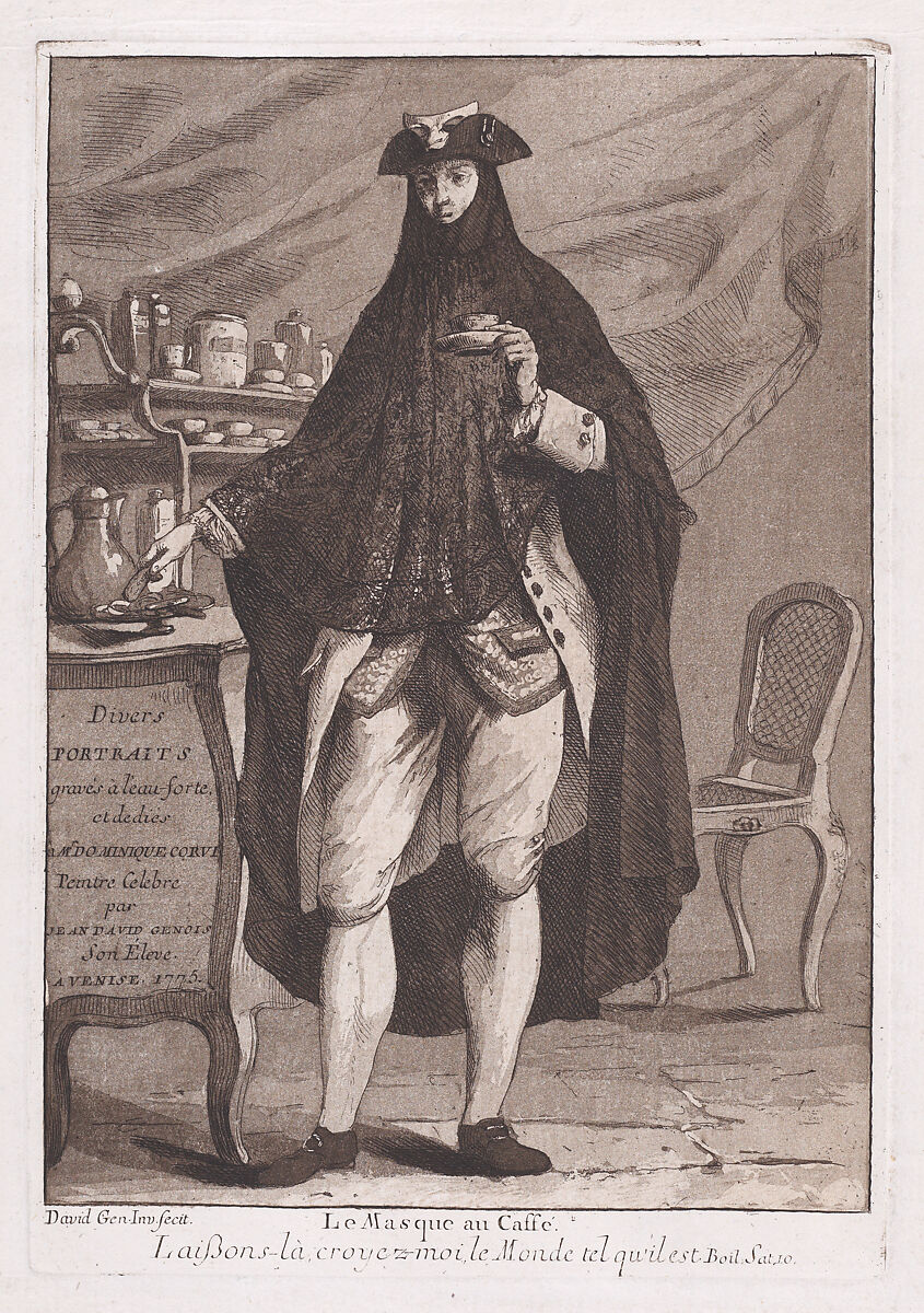 A man wearing a mask drinking a cup of coffee (Le Masque au Caffé), title page to 