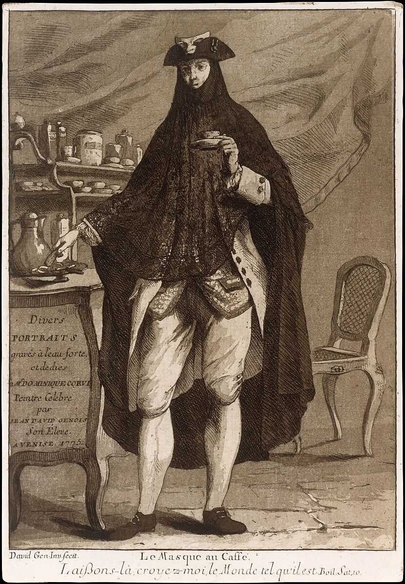 A man wearing a mask drinking a cup of coffee (Le Masque au Caffé), title page to "Divers Portraits", Giovanni David (Italian, Cabella Ligure 1749–1790 Genoa), Etching and aquatint; second state of two