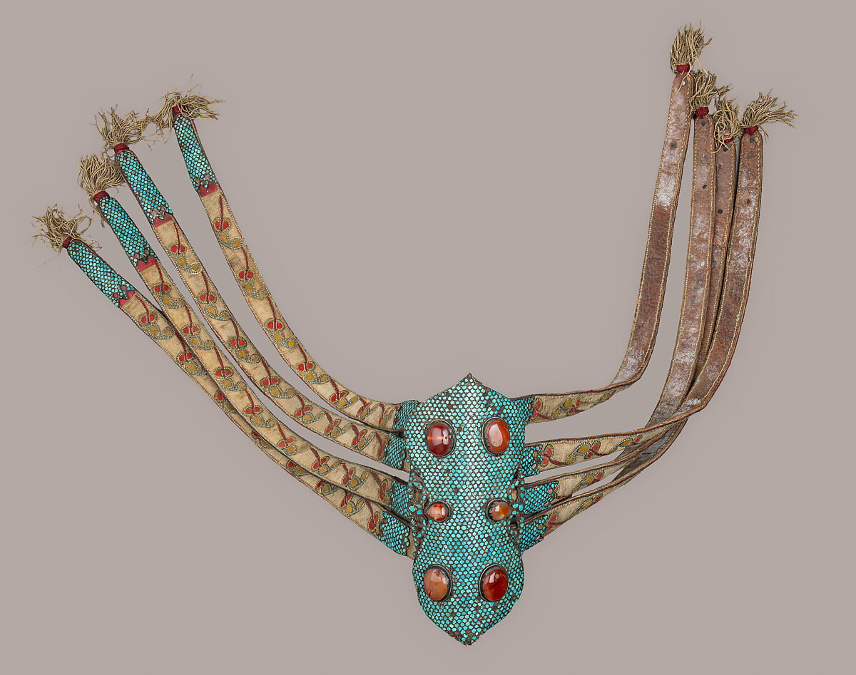Bridle, Mane piece and Breast collar, Leather, silver, turquoise, carnelian, enamel, textile, Uzbek, Kokand Khanate