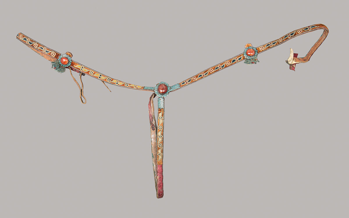 Bridle, Mane piece and Breast collar, Leather, silver, turquoise, carnelian, enamel, textile, Uzbek, Kokand Khanate