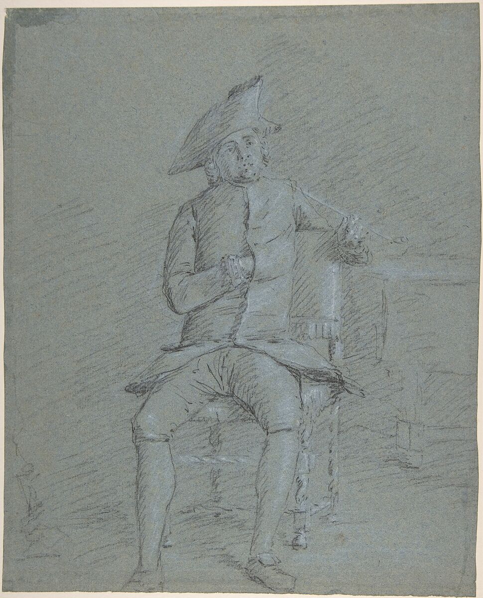 Seated Gentleman Holding a Pipe (recto); Half-Length Study of the Same Man (verso), Francisco Bayeu y Subias (Spanish, Madrid (?) 1734–1795 Madrid), Black chalk, highlighted with white chalk, on blue paper (recto); black chalk highlighted with white (verso) 