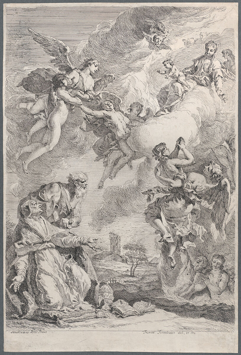 Pope Saint Gregory I Frees the Souls from Purgatory with His Prayers, Francesco Fontebasso (Italian, Venice 1707–1769 Venice), Etching 