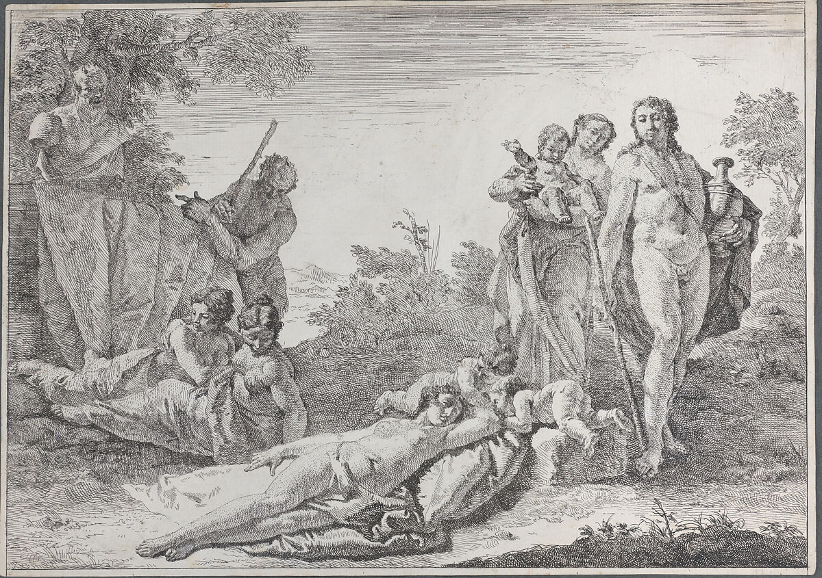 Nine Figures near a Herm of Pan, from "Bacchanals and Histories", Francesco Fontebasso (Italian, Venice 1707–1769 Venice), Etching 