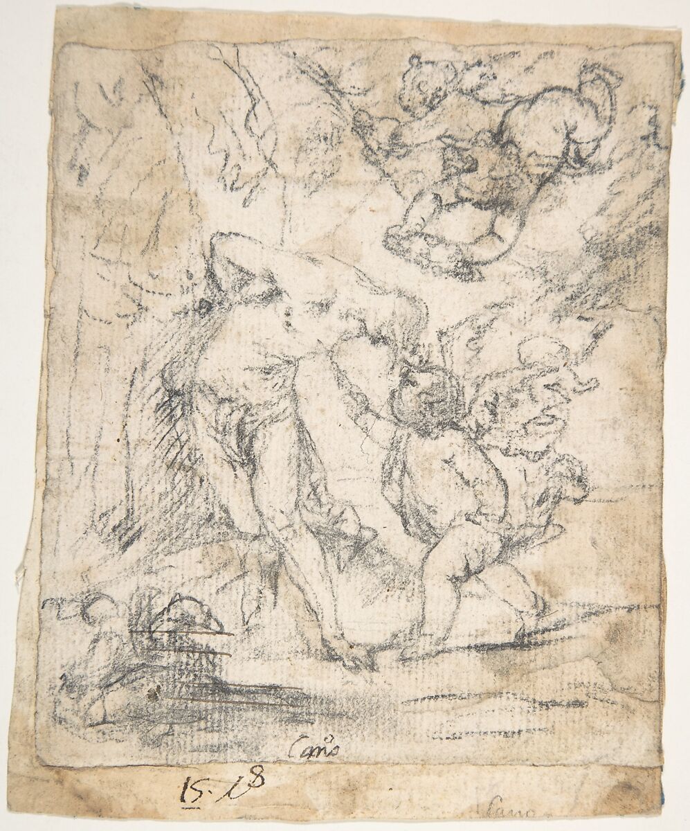 Angels Ministering to St. Sebastian, Alonso Cano (Spanish, Granada 1601–1667 Granada), Black chalk on off-white paper.  On lower left traces of unrelated lines in pen and dark brown ink 