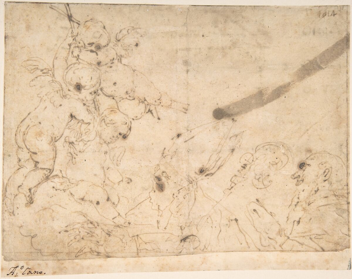 Three Putti Holding Cross Before Two Male Saints, Alonso Cano (Spanish, Granada 1601–1667 Granada), Pen and medium brown ink over traces of black chalk underdrawing on cream paper.  Lightly foxed. Composition outlined with pen and medium brown ink. Lined with a strip of paper showing at bottom 