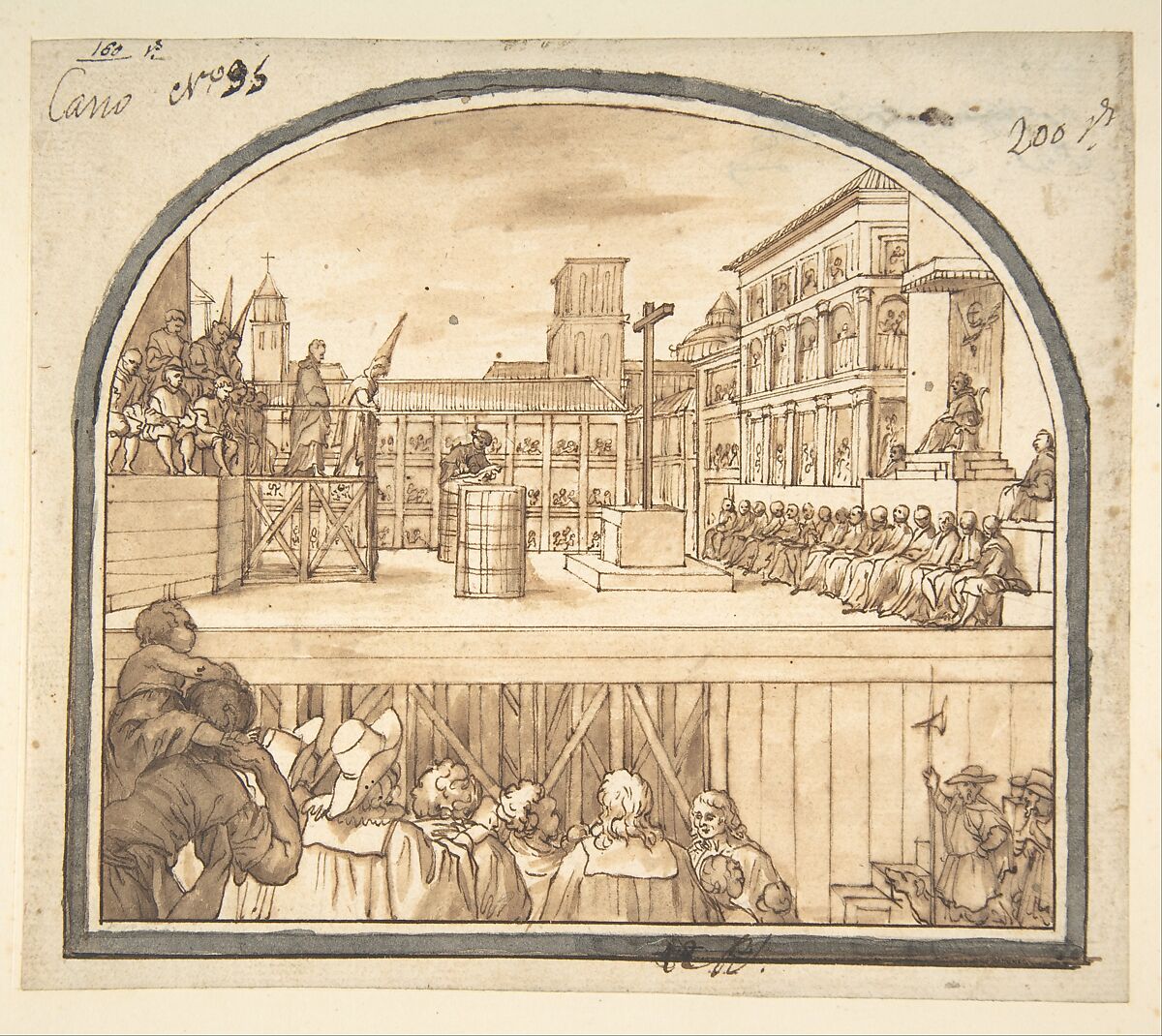 Auto-da-fé in a Courtyard, Sebastián de Herrera-Barnuevo (Spanish, Madrid 1619–1671 Madrid), Pen and brown ink with brush and brown wash over black chalk underdrawing.  Framing lines in pen and brown ink with brush and gray wash 