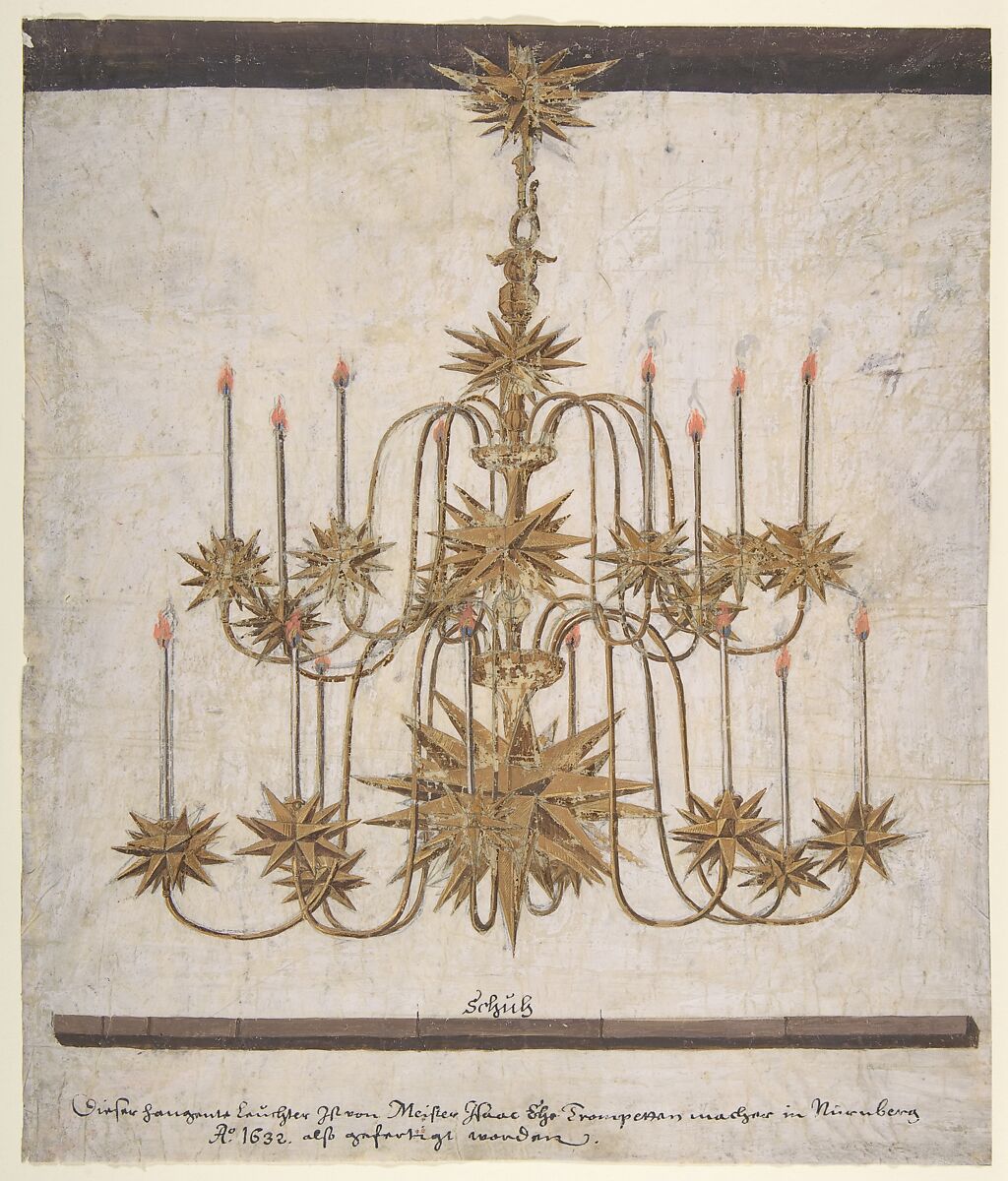 Design for a Chandelier with Sixteen Candles, Isaak Ehe (German, Nuremberg 1586–1632 Nuremberg), Brush and brown, ochre, and gold paint, touches of orange and blue gouache, over a preliminary sketch in gray gouache(?) on vellum prepared with white. 