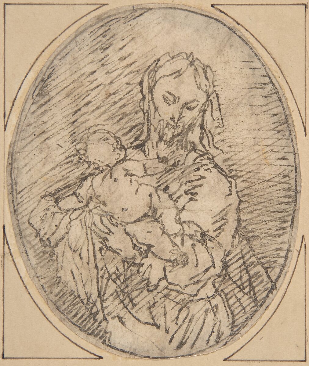 Madonna and Child [?], Circle of Alonso Cano (Spanish, Granada 1601–1667 Granada), Pen and dark brown ink on tan paper. Paper cut in an oval shape 