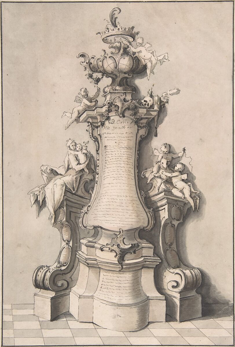 Tomb Design, Ignaz Günther (German, Altmannstein 1725–1775 Munich), Pen and black ink, brush and gray brown, and pink wash.  Laid down on  paper mount with NILSON written below drawing now erased.  Gold and black boardering. 