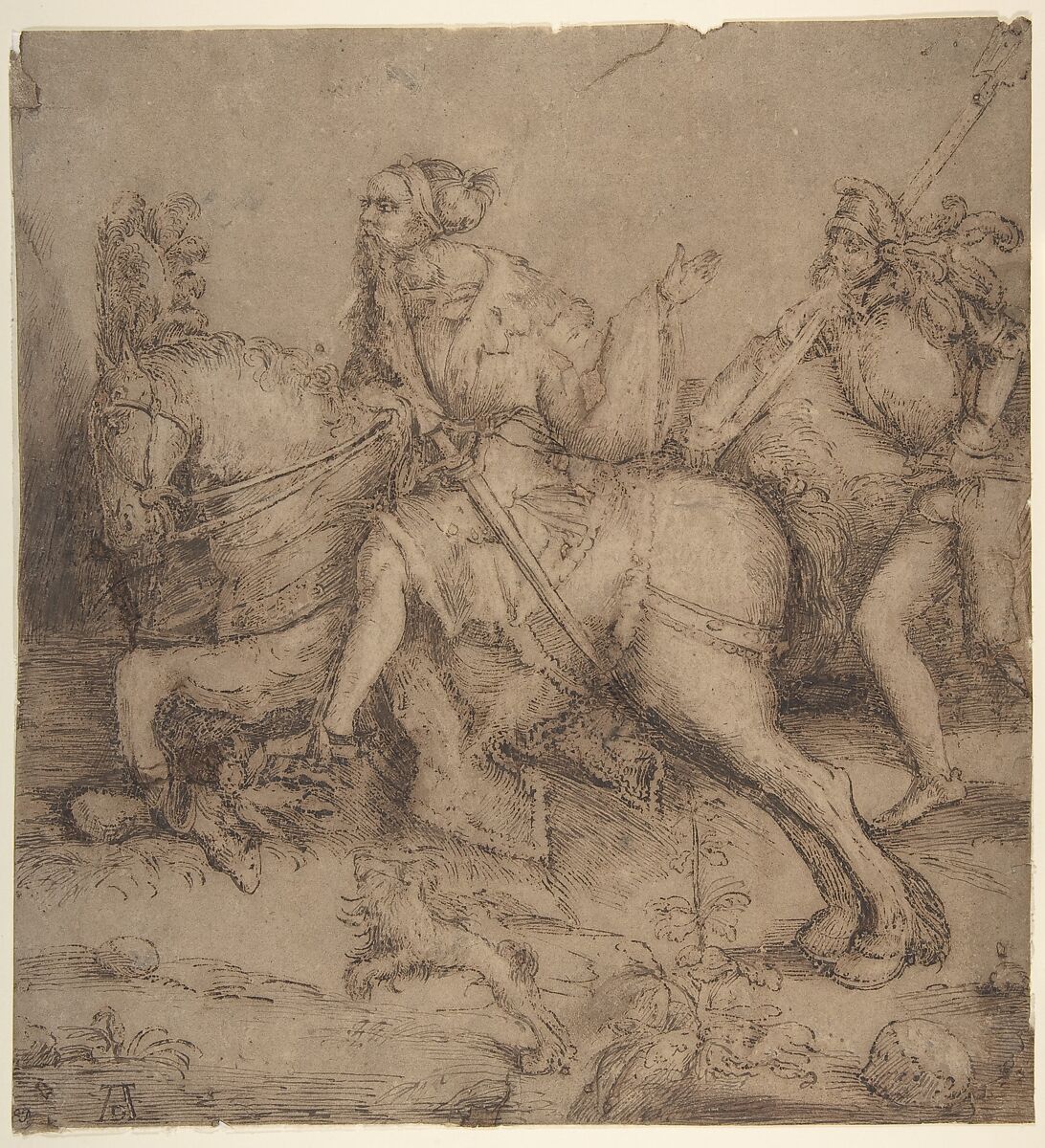 Knight on Horseback and Landsknecht, Albrecht Dürer (German, Nuremberg 1471–1528 Nuremberg), Pen and brown ink, touches of brush and brown wash; fully layed down on  paper backing 