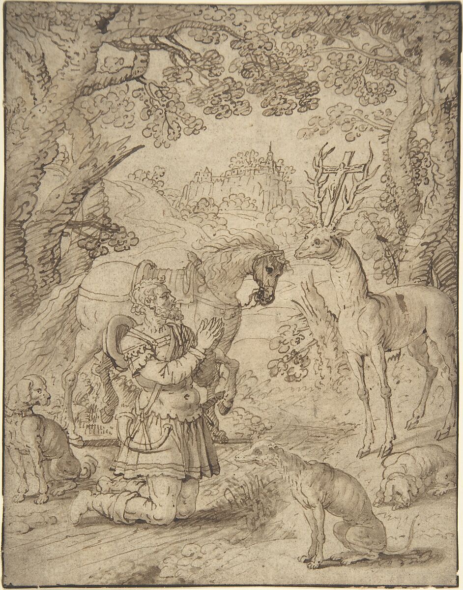 The Vision of St. Eustace, Anonymous, Flemish, 17th century, Pen and brown ink, brush and brown wash; framing lines in pen and brown ink 