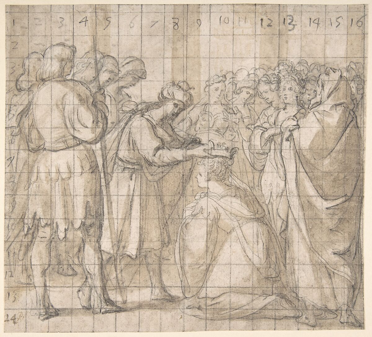 The Cornation of Esther by Ahasuerus, Bartolomé Carducho (Spanish, Florence ca. 1560–1608 Madrid), Black chalk and brown wash. Squared for transfer and numbered in black chalk 