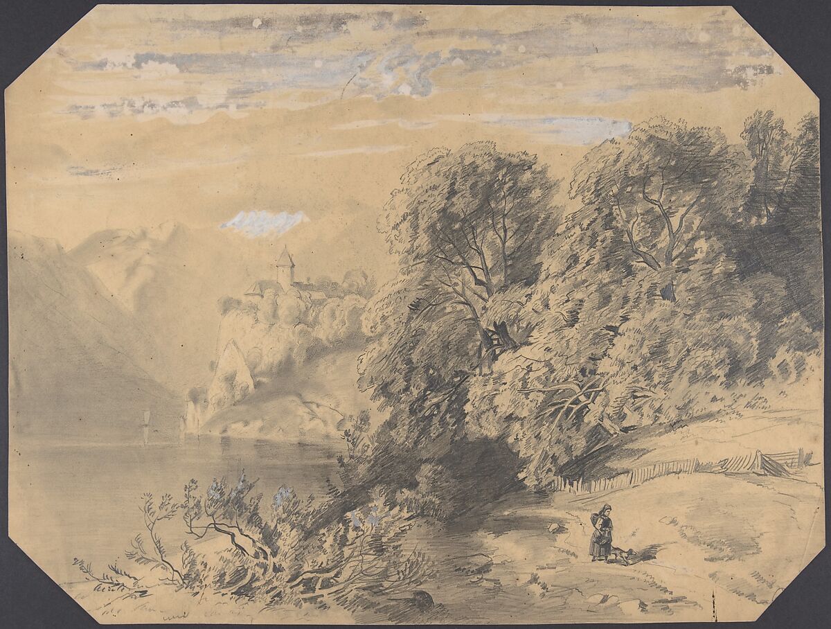 Woman with a dog by a mountain lake, Alexandre Calame (Swiss, Vevey 1810–1864 Menton), Graphite, heightened with white bodycolor on tan paper; corners cut. 