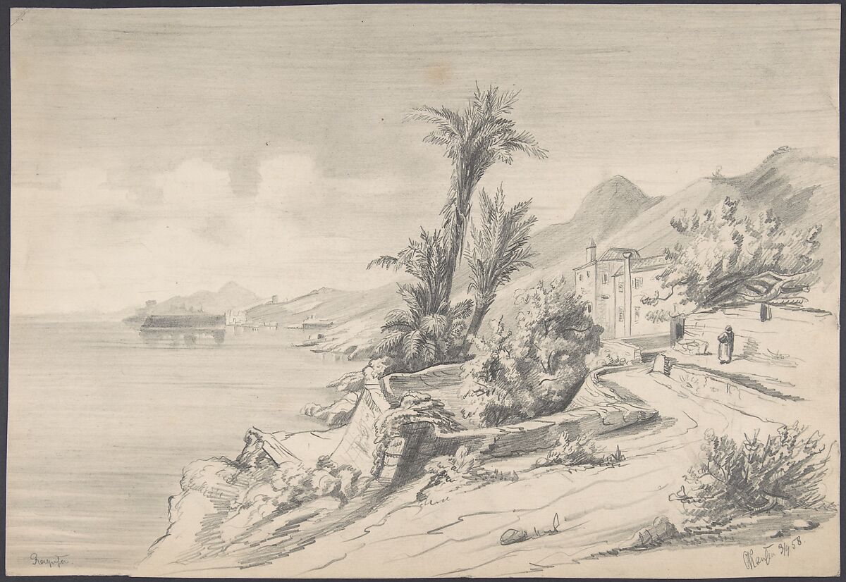 Mediterranean landscape (recto); Mountains (verso), Alexandre Calame (Swiss, Vevey 1810–1864 Menton), Graphite 