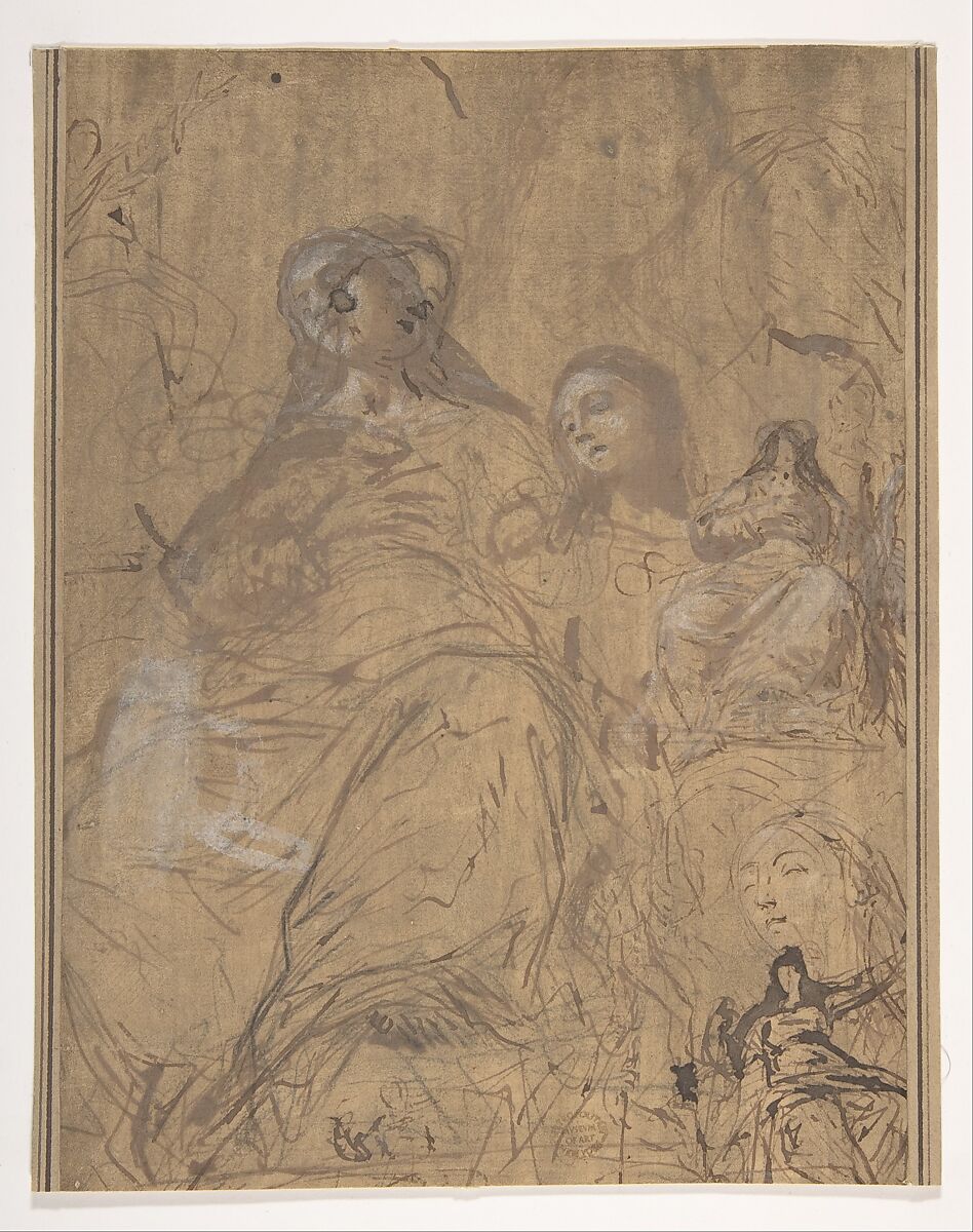 Studies for the Assumption of the Virgin, Juan Carreño de Miranda (Spanish, Avilés 1614–1685 Madrid), Pen and brown ink, brush and brown wash, heightened with white gouache, over traces of black chalk on paper washed yellow brown 