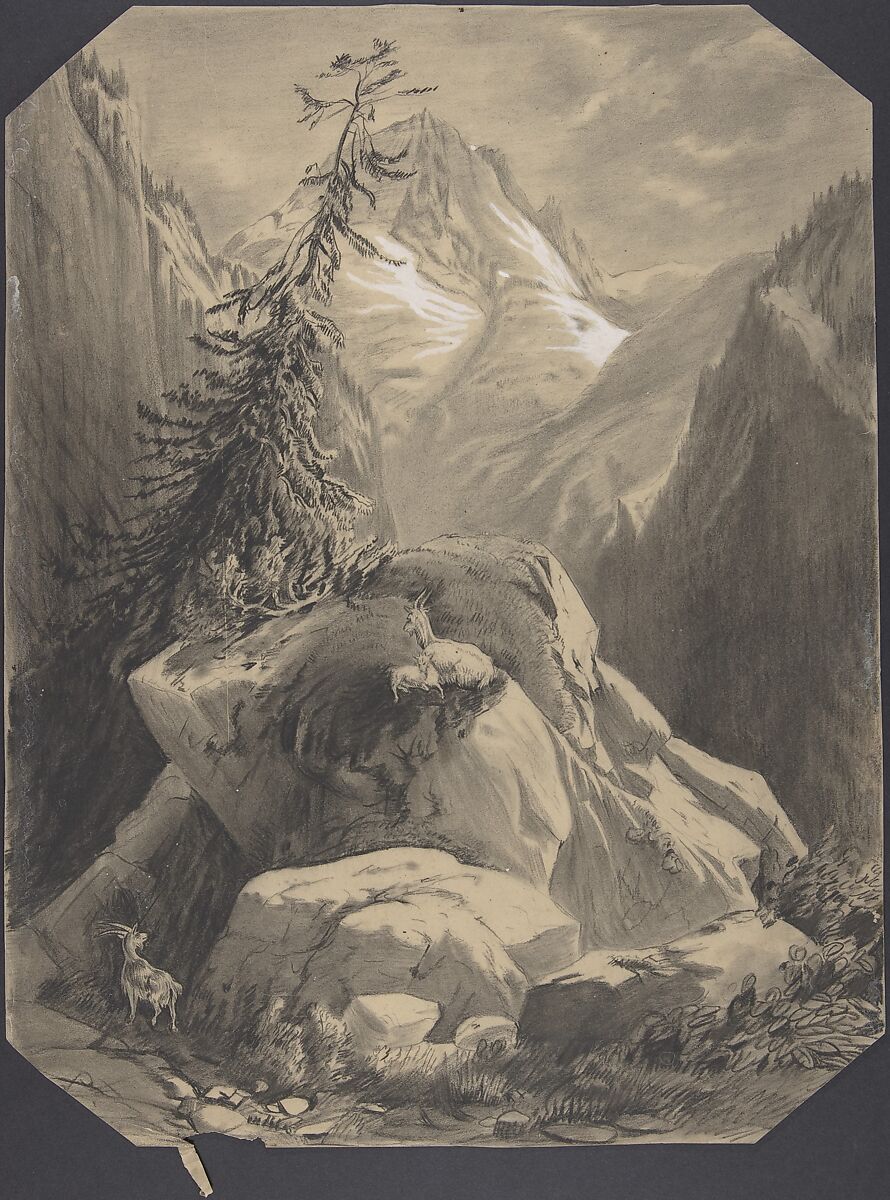 Three Goats in a Moutainous Landscape, Alexandre Calame (Swiss, Vevey 1810–1864 Menton), Black chalk heightened with white bodycolor, corners cut 