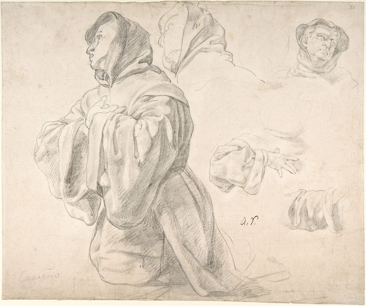 Figures of Monks, attributed to Juan Carreño de Miranda (Spanish, Avilés 1614–1685 Madrid), Black chalk and soft graphite on cream paper 