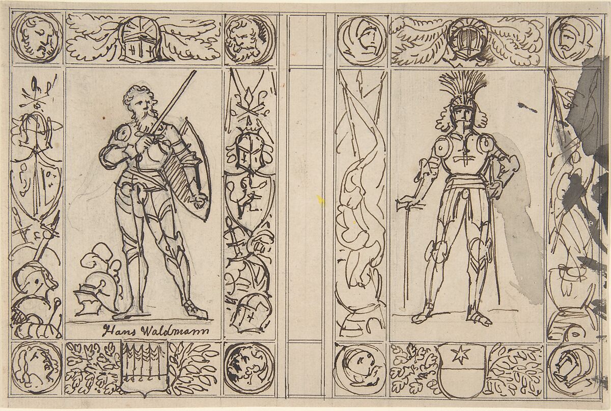 Study for Two Book Illustrations, Carl Alexander von Heideloff (German, Stuttgart 1789–1865 Haßfurt), Pen and brown ink over black chalk. Incised for transfer. 