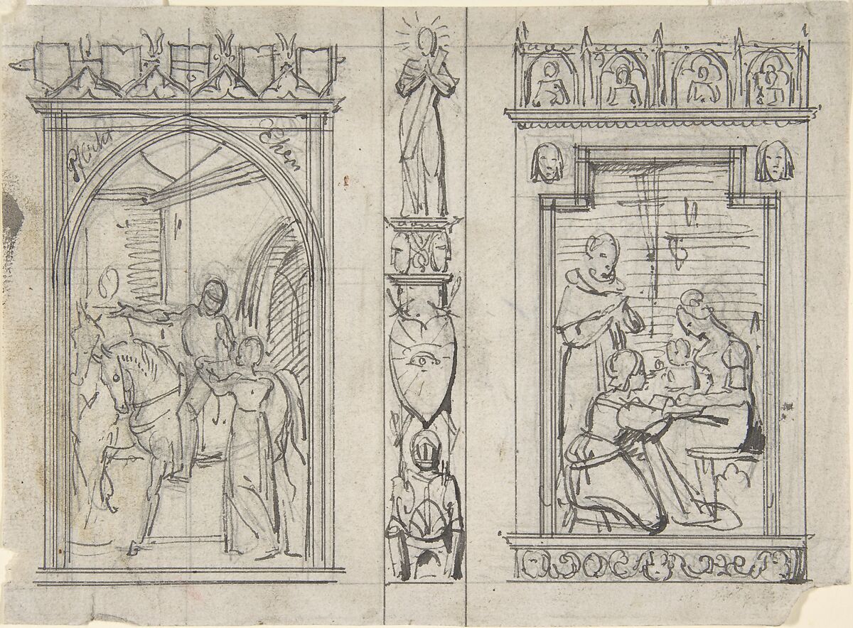 Studies for Two Book Illustrations, Carl Alexander von Heideloff (German, Stuttgart 1789–1865 Haßfurt), Pen and black ink over black chalk. 