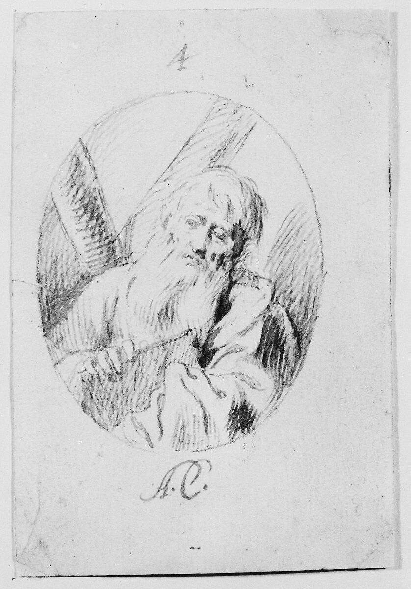 Half-length Figure of St. Andrew in an Oval, Antonio del Castillo y Saavedra (Spanish, Cordoba 1616–1668 Cordoba), Pen and light brown ink over traces of black chalk underdrawing on cream paper; composition outlined with pen and brown ink in an oval shape