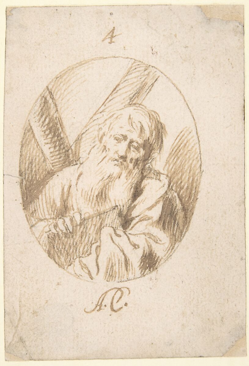 Half-lenth Figure of St. Andrew in an Oval, Antonio del Castillo y Saavedra (Spanish, Cordoba 1616–1668 Cordoba), Pen and light brown ink over traces of black chalk underdrawing on cream paper. Composition outlined with pen and brown ink in an oval shape 