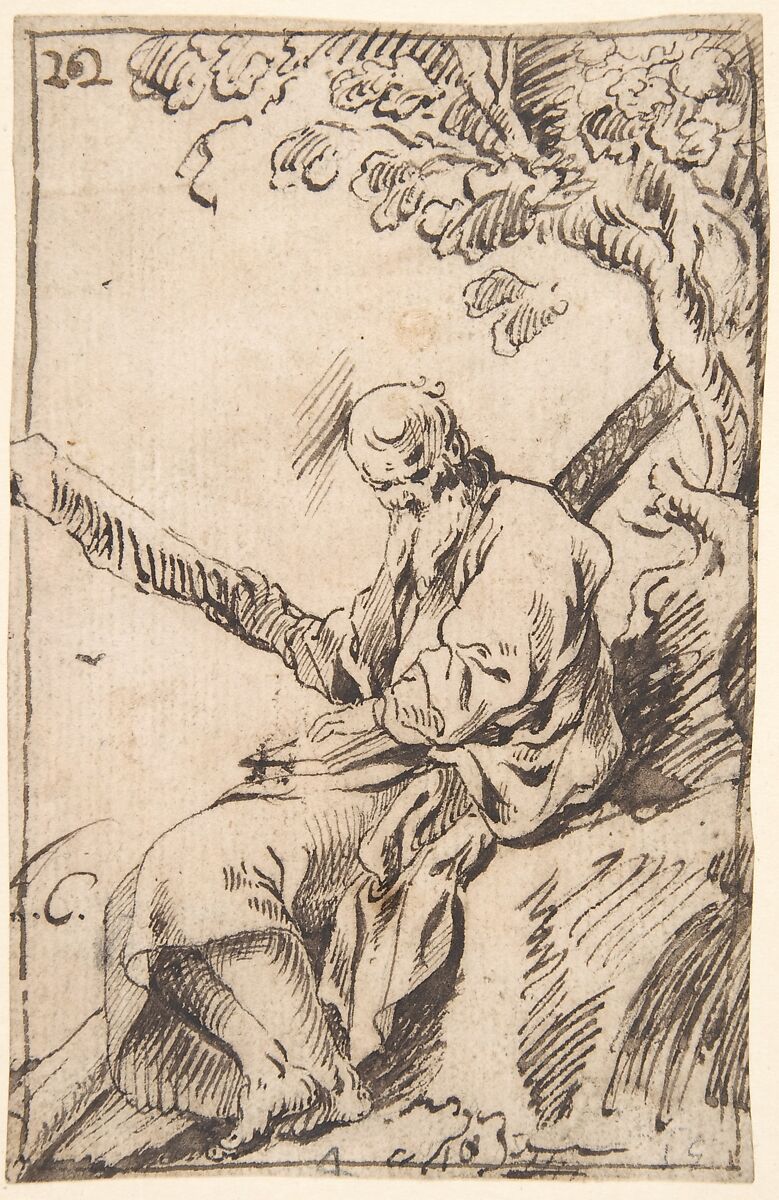 Figure of St. Andrew seated in a Landscape, Antonio del Castillo y Saavedra (Spanish, Cordoba 1616–1668 Cordoba), Pen and light brown ink over traces of black chalk underdrawing on tan paper. Composition outlined with pen and brown ink 