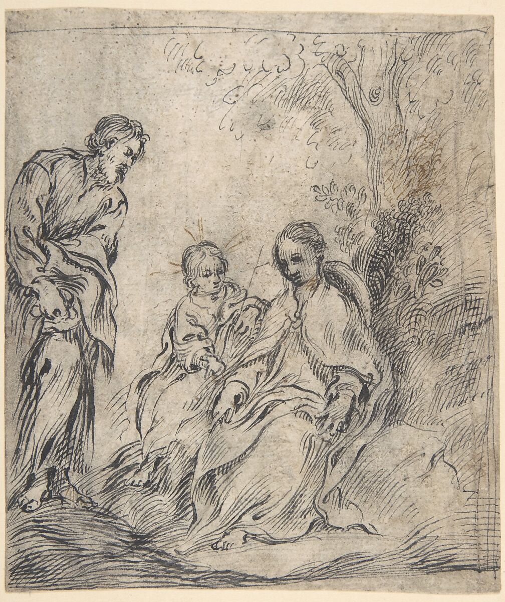 The Youthful Baptist with his Parents, attributed to Antonio del Castillo y Saavedra (Spanish, Cordoba 1616–1668 Cordoba), Pen and black ink with reworking in pen and brown ink, brush and gray wash on light tan paper. Composition outlined at top and right side with lines in pen and black ink 