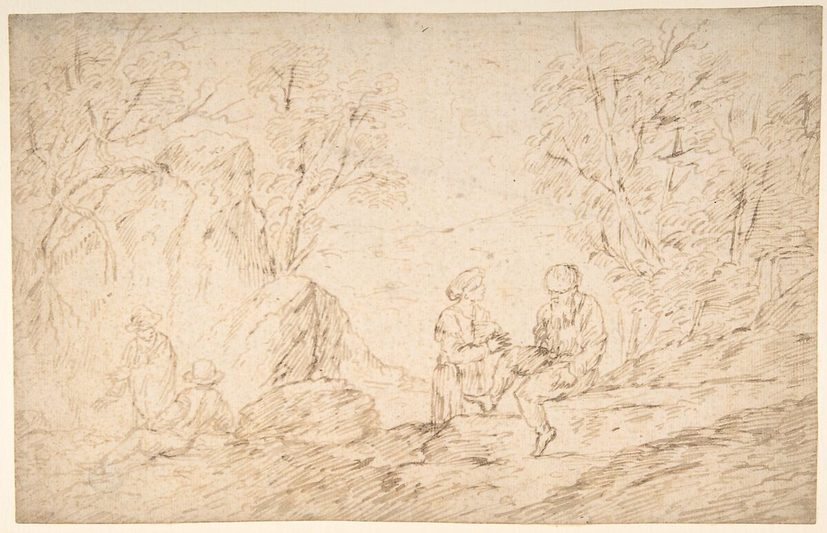 Four Figures Conversing in a Landscape, Antonio del Castillo y Saavedra (Spanish, Cordoba 1616–1668 Cordoba), Pen and brown ink on light tan paper 