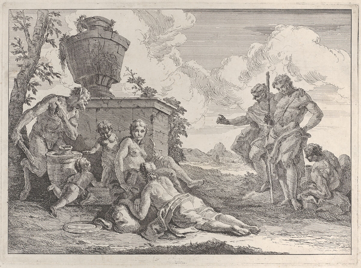 Satyr with Club and Seven Figures, from "Bacchanals and Histories", Francesco Fontebasso (Italian, Venice 1707–1769 Venice), Etching 