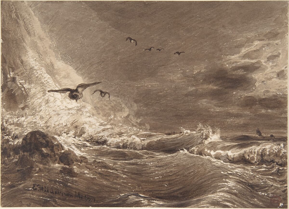 Stormy Sea, Eduard Hildebrandt (German, Danzig (now Gdansk, Poland) 1818–1869 Berlin), Brush and brown wash on board. 
