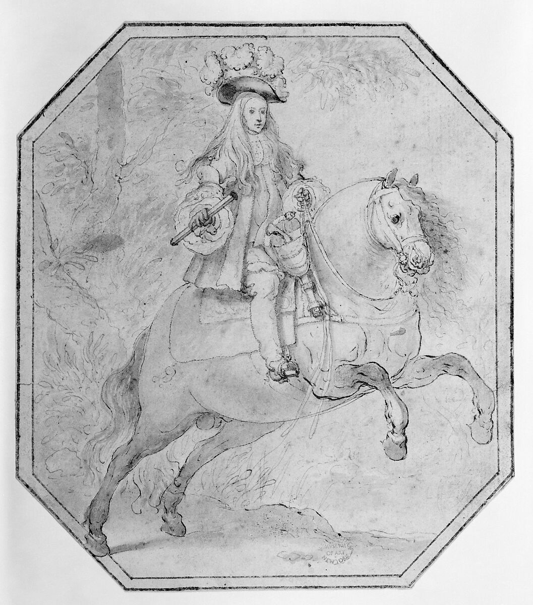 Charles II of Spain on Horseback, Matías de Torres (Spanish, Aguilar de Campóo (Palencia) 1635–1711 Madrid), Pen and brown ink with brush and brown wash over slight traces of black chalk underdrawing.  Corners cut off, composition outlined in hexagonal form with pen and brown ink.  Contours of the seated figure and the saddle pricked. Lined