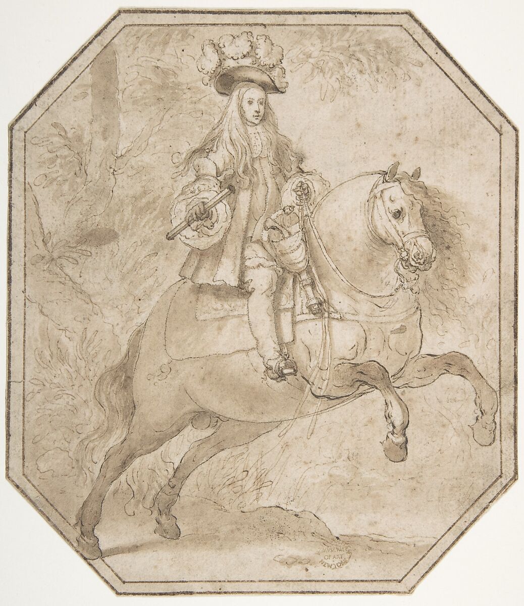 Charles II of Spain on Horseback, Matías de Torres (Spanish, Aguilar de Campóo (Palencia) 1635–1711 Madrid), Pen and brown ink with brush and brown wash over slight traces of black chalk underdrawing.  Corners cut off, composition outlined in hexagonal form with pen and brown ink.  Contours of the seated figure and the saddle pricked. Lined 