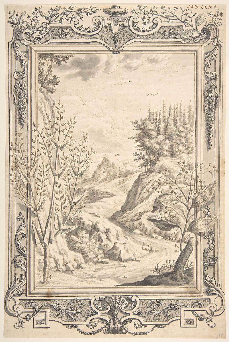 Landscape with Ornamental Frame, Johann Melchior Füssli (Swiss, Zurich 1677–1736 Zurich), Pen and brown ink, brush and gray wash(landscape)
Pen and black ink, brush and gray wash over traces of black chalk (?) underdrawing (frame) Laid paper. 