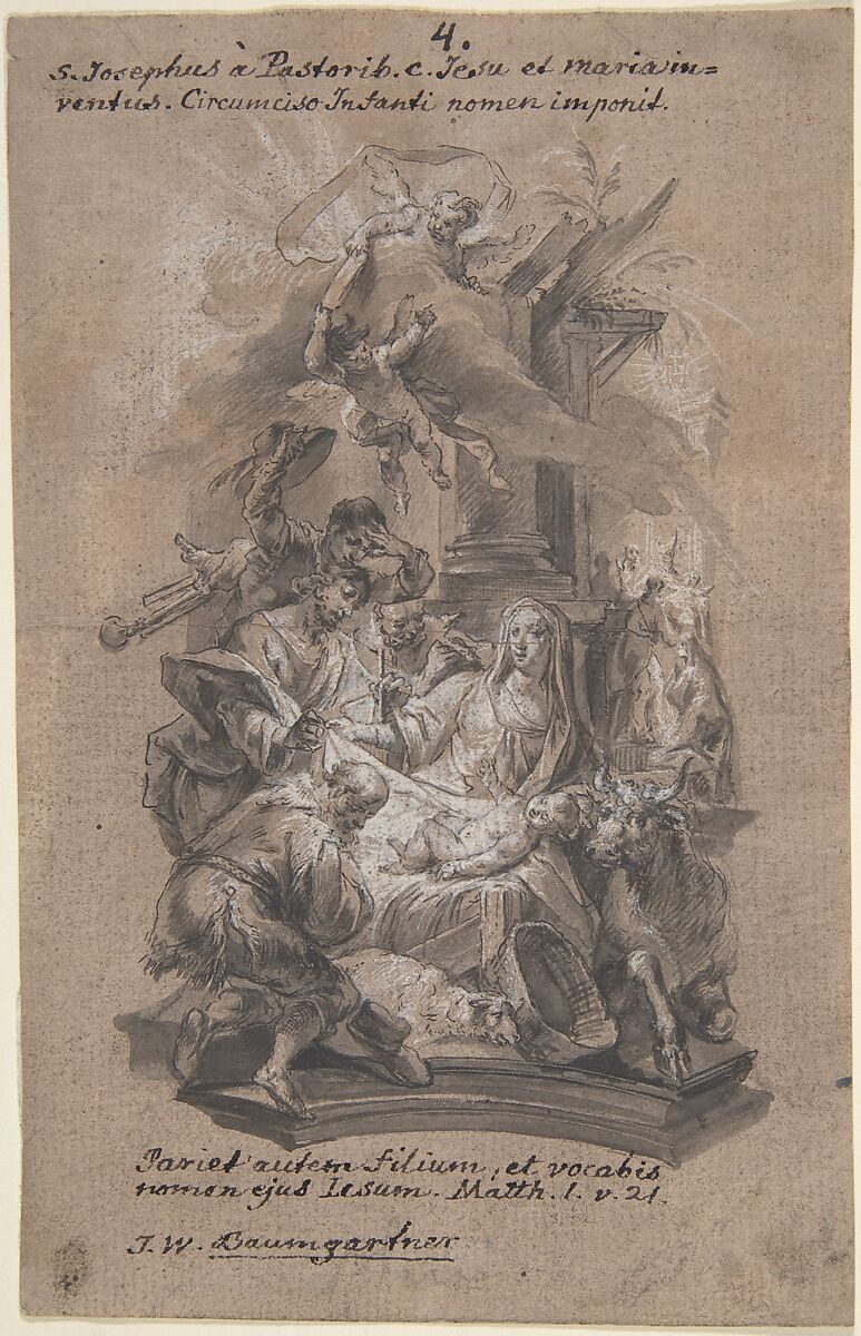 Nativity, Johann Wolfgang Baumgartner (German, Kufstein 1712–1761 Augsburg), Pen and black ink, brush and gray wash with white heightening on brown paper; incised for transfer; reddened on verso with chalk 