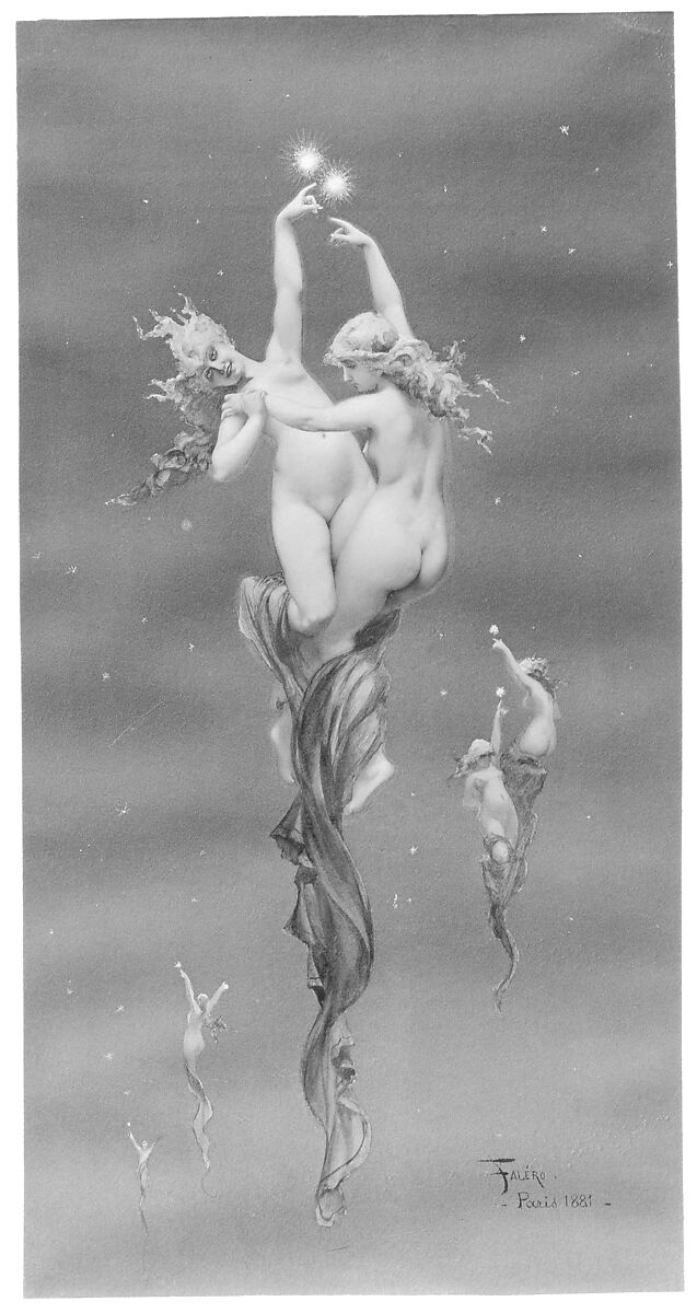 Twin Stars, Luis Falero (Spanish, Granada 1851–1896 London), Brush and watercolor on off-white paper
